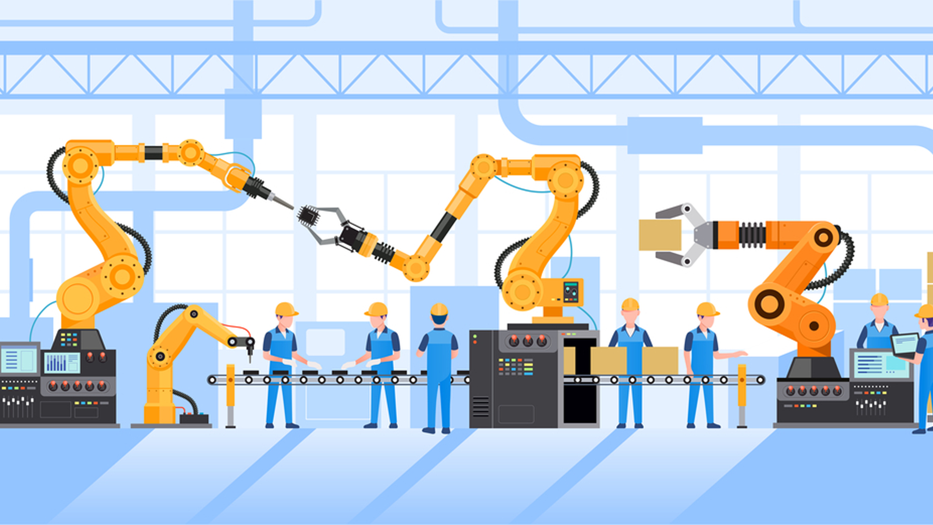 IoT-enabled smart factory showing connected workers collaborating with robotic arms and automated assembly lines in a digitally integrated manufacturing environment.