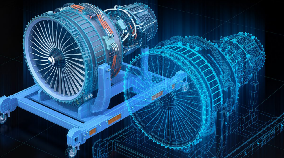 Digital twin visualization of an aircraft jet engine showing a 3D model and real-time engineering data for predictive maintenance.
