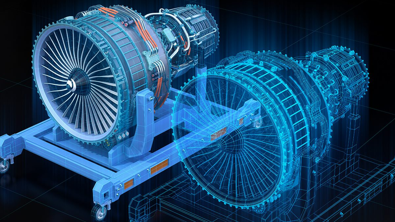 Digital twin visualization of an aircraft jet engine showing a 3D model and real-time engineering data for predictive maintenance.