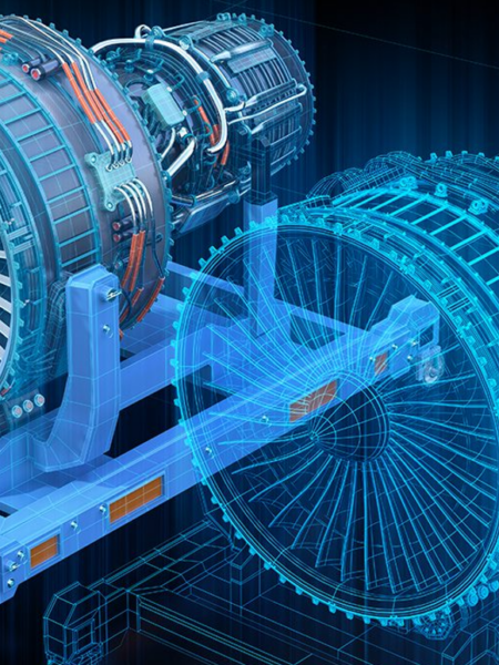 Digital twin visualization of an aircraft jet engine showing a 3D model and real-time engineering data for predictive maintenance.