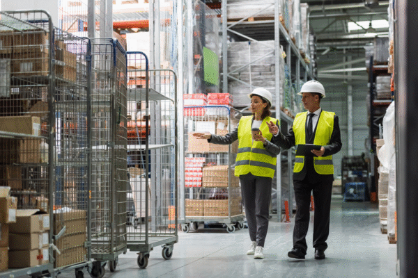 Quality control inspectors reviewing warehouse operations